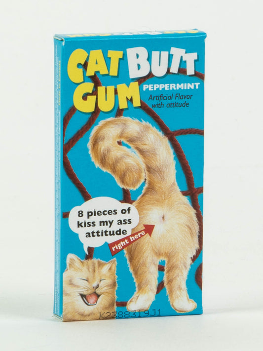 Blue Q’s Cat Butt Gum is a peppermint gift box with a fluffy cat’s rear and a grinning cartoon, featuring the text “8 pieces of kiss my ass attitude”—the perfect sassy candy for cat lovers.