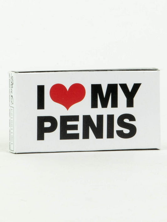 Blue Q’s "I Heart My Penis Gum" comes in a white box with bold black text and a red heart. The package contains 8 pieces of candy-coated fruit gum, displayed on a plain white background.