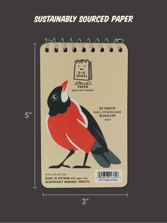 Introducing the Blue Q “I’m Really Into Birds. Take-Along Notebook”—a 3x5 inch spiral notebook adorned with a delightful red-breasted bird illustration on the cover. Ideal for recording observations or making quick sketches, this notepad features 60 sheets of sustainably sourced paper and is crafted in Vietnam from responsibly managed forests.