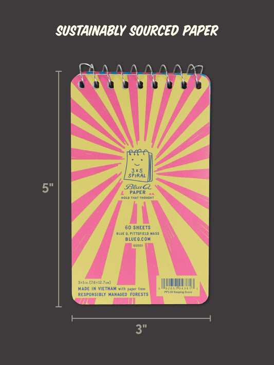 Sure! Here’s a rewritten sentence using your product data: The Blue Q “Yes, I’m Keeping Score. Also, I Make The Rules Which Are Subject To Change. Without Notice.” 3x5 Spiral Notebook features a vibrant yellow and pink sunburst cover with a fun cartoon notepad design. It includes 60 sheets of sustainably sourced paper—perfect for tracking scores at the gym or jotting down quick notes. Dimensions and sustainability details are clearly displayed on the cover.