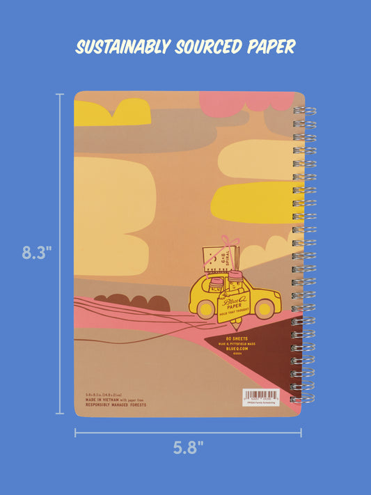 Introducing the “Adventures In Family Scheduling & Logistics” 6x8 Spiral Notebook by Blue Q—a charmingly illustrated notebook featuring a car carrying paper through abstract mountains. Perfect for capturing your notes and daily plans, this sustainably sourced notebook measures 8.3 inches tall by 5.8 inches wide, with “Sustainably Sourced Paper” printed above the design.