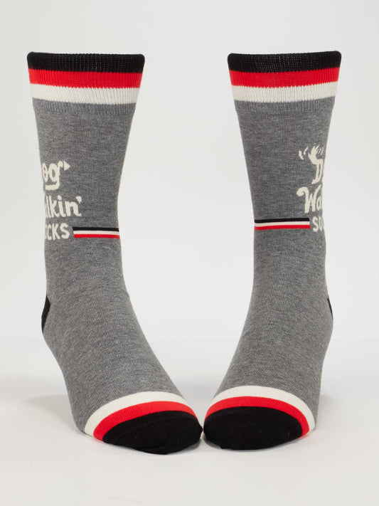 Blue Q Dog Walkin' M-Crew Socks: gray men's cotton socks with white, red, and black stripes and "Dog Walkin’ Socks" text. Stylish, comfortable, and perfect for daily walks.