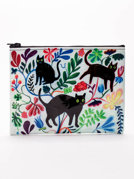 The Blue Q Here Kitty Zipper Pouch showcases three black cats and green leaves on a white, floral background—an ideal accessory for cat lovers.