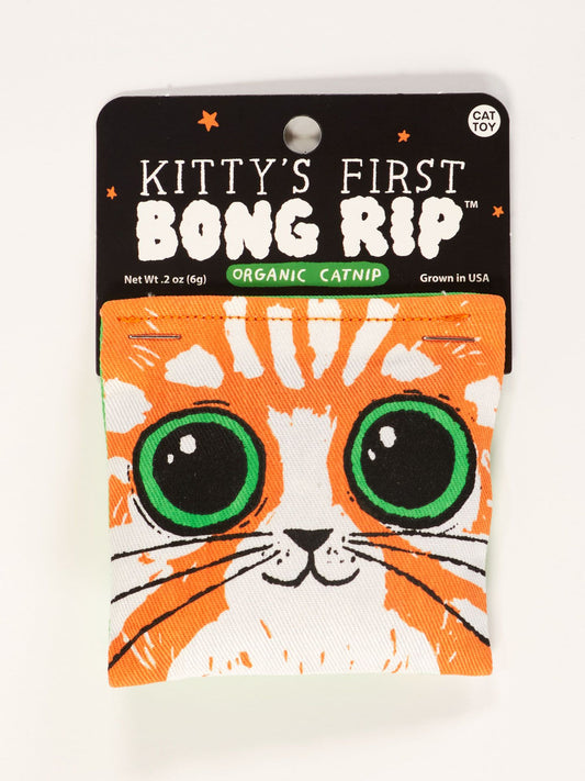 The Blue Q Kitty's First Bong Rip Catnip Toy features an illustrated orange and white cat with green eyes and contains organic, USA-grown catnip for healthy feline play.