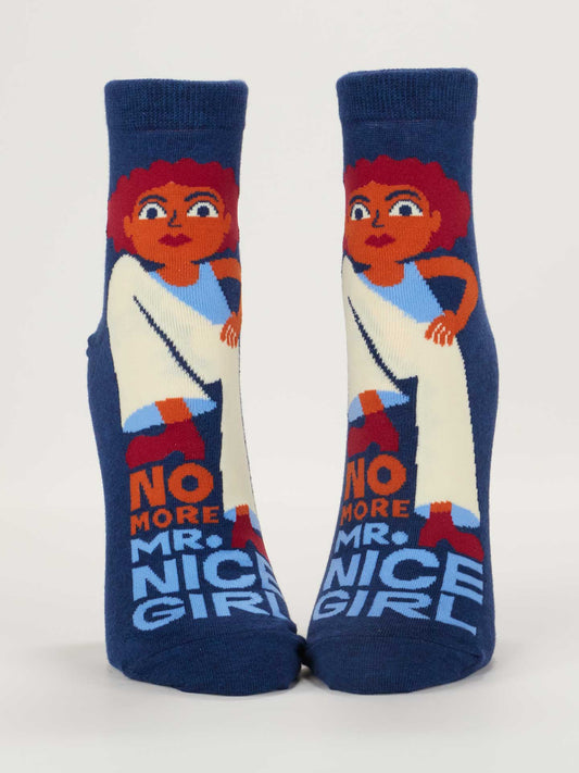 Blue Q No More Mr. Nice Girl W-Ankle Socks: Blue women's ankle socks (shoe size 5-10) with a bold red-haired woman design and slogan, made from soft combed cotton for comfort and style.